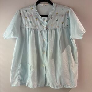Katz Vintage Bed Jacket‎ Womens Medium Blue Floral Embroidered Lace Trim Good